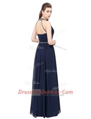 Modest Scoop Sleeveless Chiffon Floor Length Side Zipper in Navy Blue with Beading
