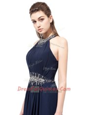 Modest Scoop Sleeveless Chiffon Floor Length Side Zipper in Navy Blue with Beading