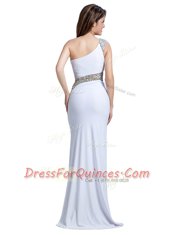 Simple White Elastic Woven Satin Side Zipper One Shoulder Sleeveless Floor Length Prom Dress Beading