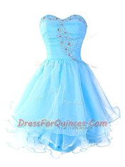 Mini Length Lace Up Dress for Prom Aqua Blue for Prom and Party with Beading and Ruffled Layers