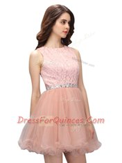 Simple Scoop Sleeveless Zipper Mini Length Beading and Lace Prom Evening Gown