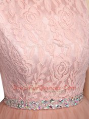 Simple Scoop Sleeveless Zipper Mini Length Beading and Lace Prom Evening Gown