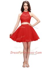 Coral Red Sleeveless Organza Zipper Prom Evening Gown for Prom and Party