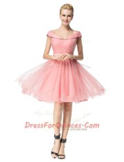 Off the Shoulder Cap Sleeves Knee Length Belt Zipper Prom Evening Gown with Pink