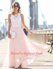 Vintage Scalloped Floor Length Pink Prom Evening Gown Chiffon Sleeveless Lace