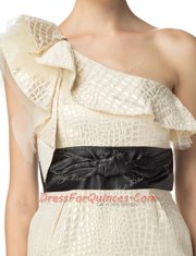 Vintage One Shoulder Sleeveless Mini Length Ruching Champagne Printed