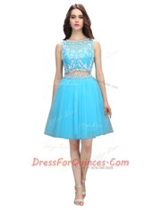 Scoop Baby Blue Tulle Backless Prom Gown Sleeveless Knee Length Appliques