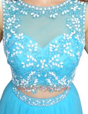 Scoop Baby Blue Tulle Backless Prom Gown Sleeveless Knee Length Appliques