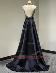 Modern Halter Top With Train Column/Sheath Sleeveless Navy Blue Prom Gown Brush Train Backless