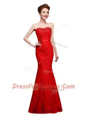 High Class Mermaid Red Sleeveless Lace Lace Up for Prom and Party
