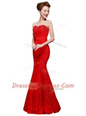 High Class Mermaid Red Sleeveless Lace Lace Up for Prom and Party
