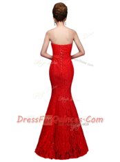 High Class Mermaid Red Sleeveless Lace Lace Up for Prom and Party