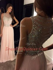 Custom Design Scoop Pink Chiffon Side Zipper Evening Dress Sleeveless With Brush Train Beading