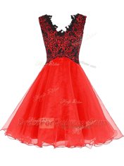 Modern A-line Evening Dress Coral Red V-neck Organza Sleeveless Mini Length Zipper