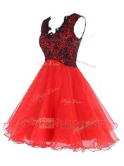 Modern A-line Evening Dress Coral Red V-neck Organza Sleeveless Mini Length Zipper