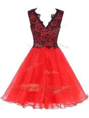 Modern A-line Evening Dress Coral Red V-neck Organza Sleeveless Mini Length Zipper
