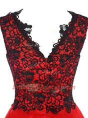 Modern A-line Evening Dress Coral Red V-neck Organza Sleeveless Mini Length Zipper