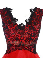 Modern A-line Evening Dress Coral Red V-neck Organza Sleeveless Mini Length Zipper