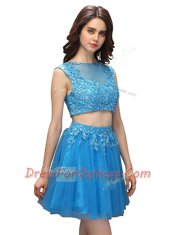 Dynamic Baby Blue Asymmetric Zipper Beading and Appliques Prom Dress Sleeveless