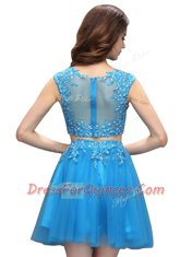 Dynamic Baby Blue Asymmetric Zipper Beading and Appliques Prom Dress Sleeveless