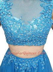 Dynamic Baby Blue Asymmetric Zipper Beading and Appliques Prom Dress Sleeveless