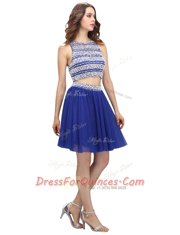 Scoop Beading Evening Dress Royal Blue Backless Sleeveless Knee Length