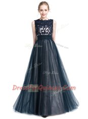 Delicate Navy Blue Column/Sheath Tulle Scalloped Sleeveless Beading and Lace Floor Length Zipper Evening Dress
