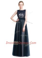 Delicate Navy Blue Column/Sheath Tulle Scalloped Sleeveless Beading and Lace Floor Length Zipper Evening Dress