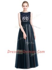 Delicate Navy Blue Column/Sheath Tulle Scalloped Sleeveless Beading and Lace Floor Length Zipper Evening Dress