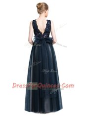 Delicate Navy Blue Column/Sheath Tulle Scalloped Sleeveless Beading and Lace Floor Length Zipper Evening Dress