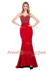 Exceptional Mermaid Sleeveless With Train Beading Zipper Prom Dresses with Wine Red Sweep Train