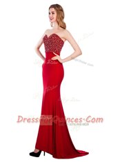 Exceptional Mermaid Sleeveless With Train Beading Zipper Prom Dresses with Wine Red Sweep Train