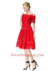 Ideal Off the Shoulder Sleeveless Zipper Knee Length Lace Prom Dress