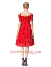 Ideal Off the Shoulder Sleeveless Zipper Knee Length Lace Prom Dress