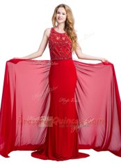 Scoop Red Zipper Prom Gown Beading Sleeveless With Train Court Train