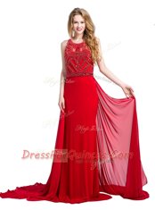 Scoop Red Zipper Prom Gown Beading Sleeveless With Train Court Train