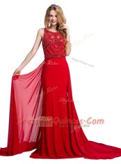 Scoop Red Zipper Prom Gown Beading Sleeveless With Train Court Train