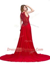 Scoop Red Zipper Prom Gown Beading Sleeveless With Train Court Train