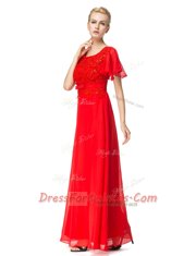 Great Red Prom Party Dress Prom and Party and For with Beading and Appliques Scoop Short Sleeves Backless