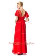 Great Red Prom Party Dress Prom and Party and For with Beading and Appliques Scoop Short Sleeves Backless