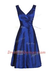 Navy Blue Satin Zipper V-neck Sleeveless Knee Length Prom Dress Sashes ribbons
