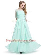 Scoop Floor Length Turquoise Prom Party Dress Chiffon Half Sleeves Lace