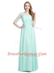 Scoop Floor Length Turquoise Prom Party Dress Chiffon Half Sleeves Lace
