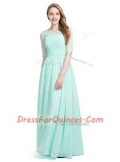 Scoop Floor Length Turquoise Prom Party Dress Chiffon Half Sleeves Lace