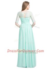 Scoop Floor Length Turquoise Prom Party Dress Chiffon Half Sleeves Lace