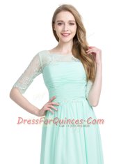 Scoop Floor Length Turquoise Prom Party Dress Chiffon Half Sleeves Lace