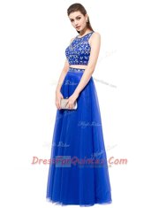 Scoop Royal Blue Tulle Lace Up Prom Dress Sleeveless Floor Length Beading