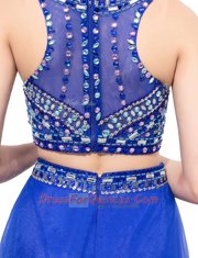 Scoop Royal Blue Tulle Lace Up Prom Dress Sleeveless Floor Length Beading