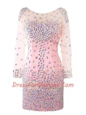 Best Selling Pink Column/Sheath Scoop Long Sleeves Satin Mini Length Zipper Beading Prom Dress