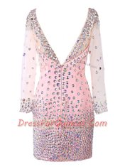 Best Selling Pink Column/Sheath Scoop Long Sleeves Satin Mini Length Zipper Beading Prom Dress